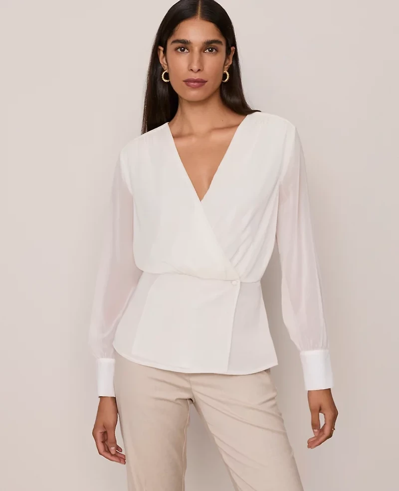 Ann Taylor Petite Draped Wrap Blouse Winter White Women's