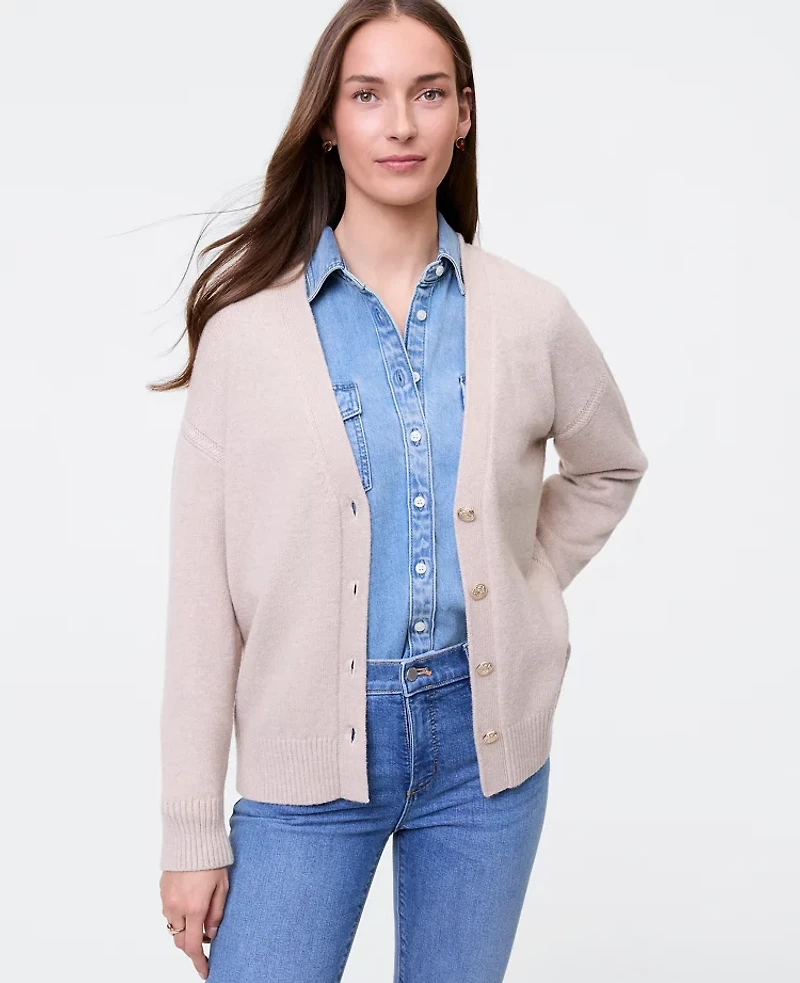 Ann Taylor Petite Weekend Collection Boyfriend Cardigan Warm Limestone Melange Women's