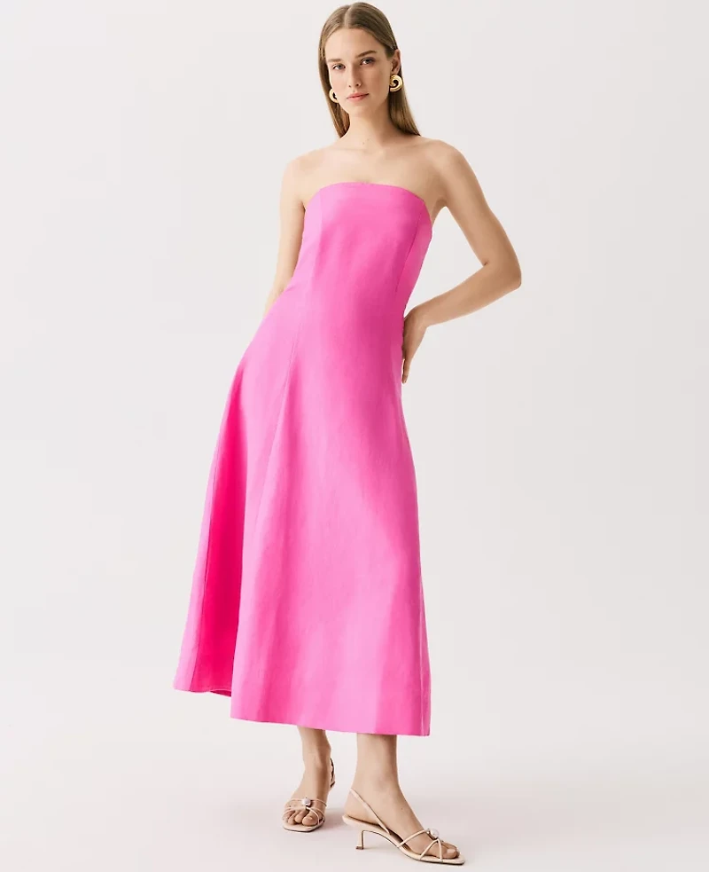 Ann Taylor Strapless Linen Blend Midi Dress Size 00 Rhododendron Women's