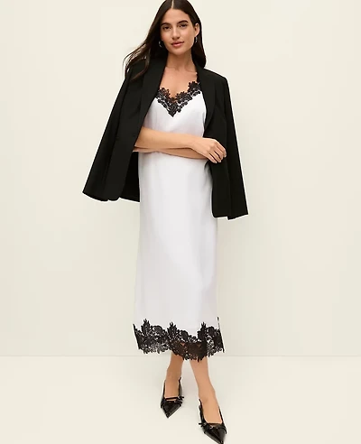 Ann Taylor Lace Trim Satin Slip Midi Dress White Women's