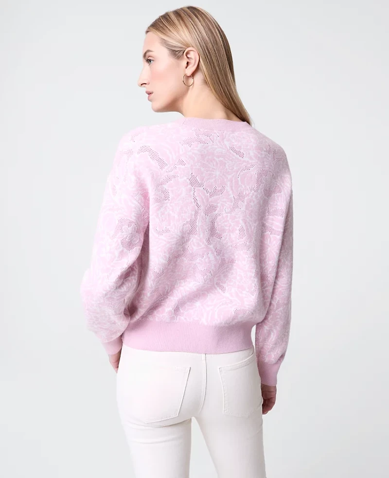 Ann Taylor Petite Weekend Collection Floral Jacquard Crew Neck Sweater Corsage Pink Women's