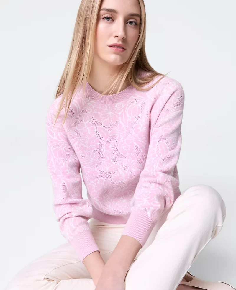 Ann Taylor Petite Weekend Collection Floral Jacquard Crew Neck Sweater Corsage Pink Women's