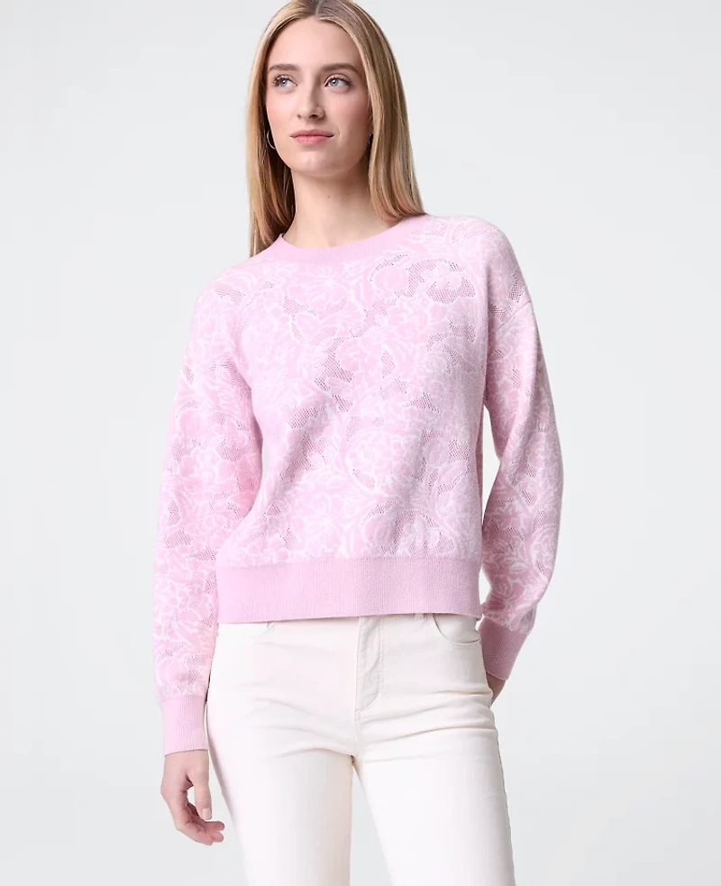 Ann Taylor Petite Weekend Collection Floral Jacquard Crew Neck Sweater Corsage Pink Women's