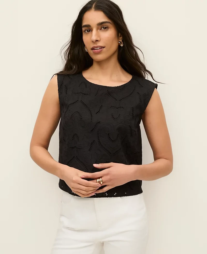 Ann Taylor Petite Eyelet Cropped Top Black Women's