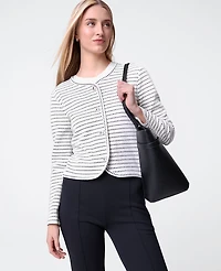 Ann Taylor Petite Weekend Collection Striped Knit Jacket Ivory/Navy Multi Women's