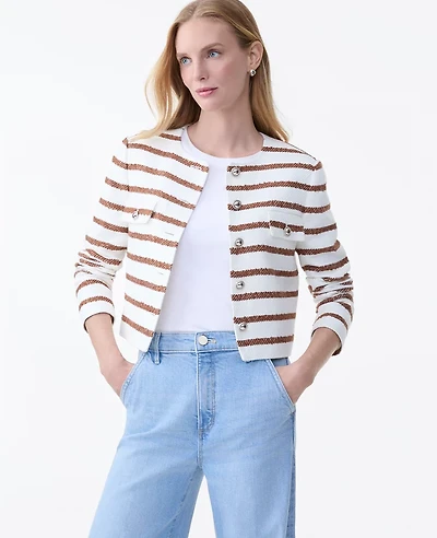 Ann Taylor The Petite Crew Neck Jacket Striped Tweed Tortoise Shell Women's