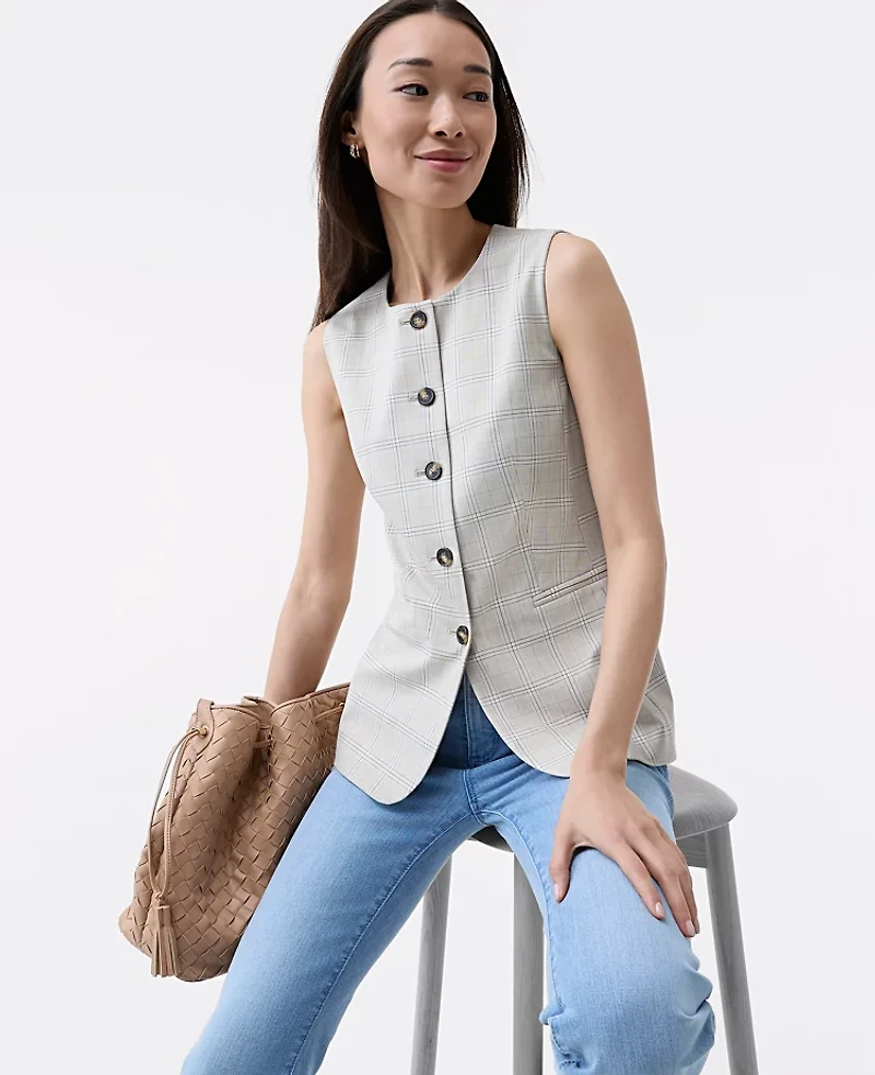 Ann Taylor The Long Crew Neck Vest Plaid Tan/Blue Combo Women's