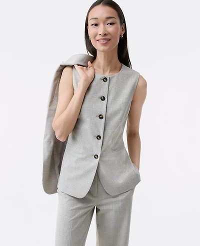 Ann Taylor The Long Crew Neck Vest Plaid Tan/Blue Combo Women's