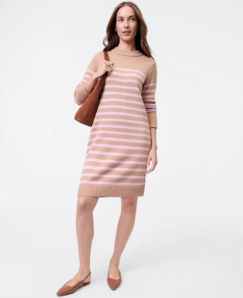 Ann Taylor Petite Weekend Collection Striped Sweater Shift Dress Camel Multi Women's