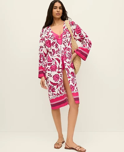 Ann Taylor Floral Beach Kimono Winter White Women's