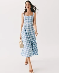 Ann Taylor Gingham Belted Midi Dress Linen Blend Sea Haze Women's