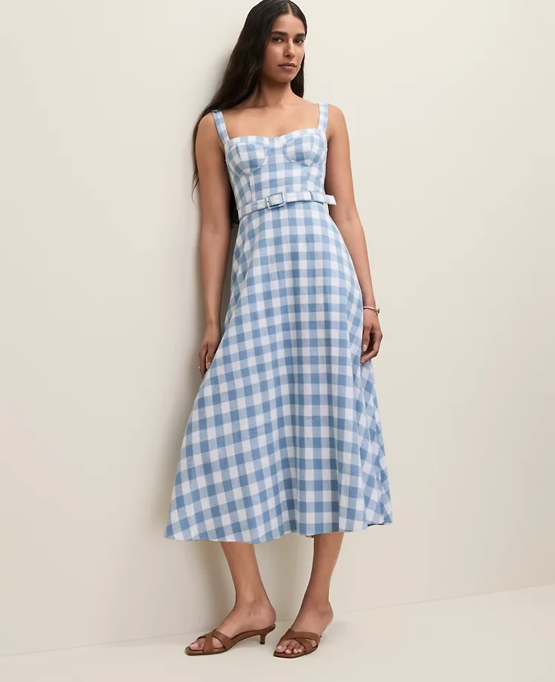 Ann Taylor Gingham Belted Linen Blend Midi Dress Sea Haze Women's