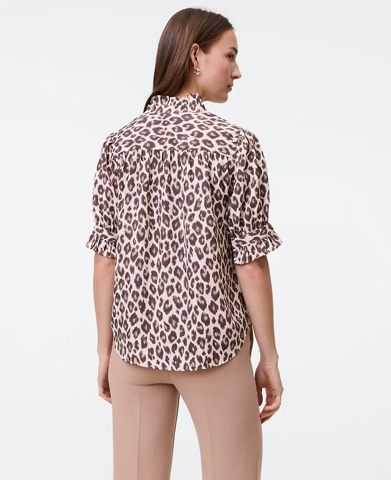 Ann Taylor Animal Print Ruffle Collar Shirt Pale Linen Women's