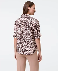 Ann Taylor Animal Print Ruffle Collar Shirt Pale Linen Women's
