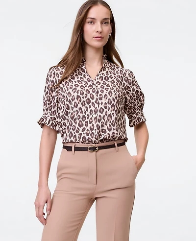 Ann Taylor Animal Print Ruffle Collar Shirt Pale Linen Women's