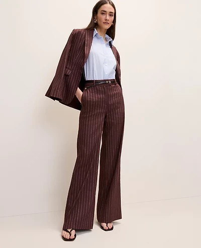 Ann Taylor The Pinstriped Wide-Leg Flare Trouser Linen Blend Rich Walnut Women's