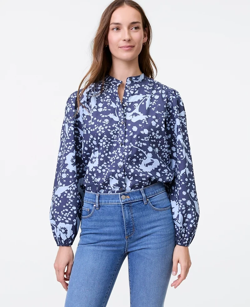 Ann Taylor Weekend Collection Floral Stand Collar Blouse Subdued Navy Women's