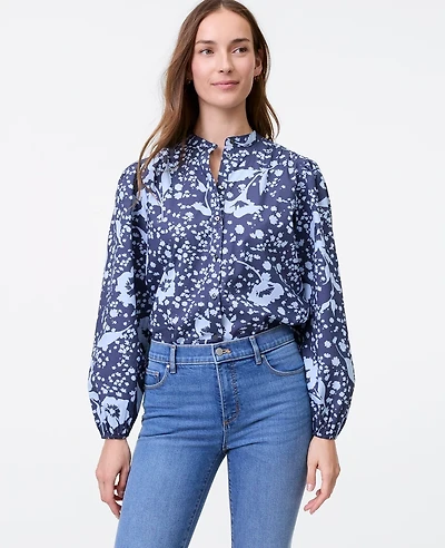 Ann Taylor Weekend Collection Floral Stand Collar Blouse Subdued Navy Women's