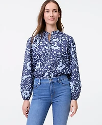 Ann Taylor Weekend Collection Floral Stand Collar Blouse Subdued Navy Women's