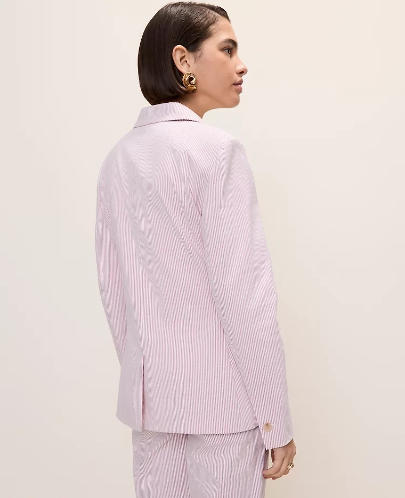 Ann Taylor The One Button Blazer Seersucker Pink/White Combo Women's
