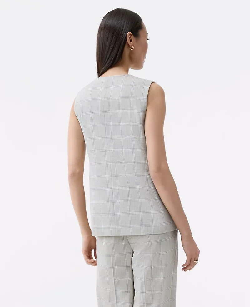 Ann Taylor The Petite Long Crew Neck Vest Plaid Tan/Blue Combo Women's