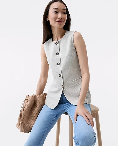 Ann Taylor The Petite Long Crew Neck Vest Plaid Tan/Blue Combo Women's