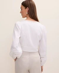 Ann Taylor Embroidered V-Neck Blouse Linen Blend White Women's