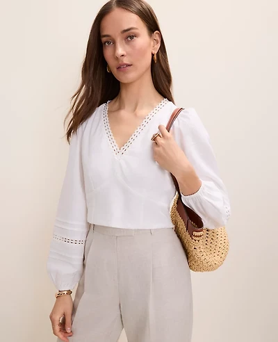 Ann Taylor Embroidered V-Neck Blouse Linen Blend White Women's