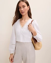 Ann Taylor Embroidered V-Neck Blouse Linen Blend White Women's