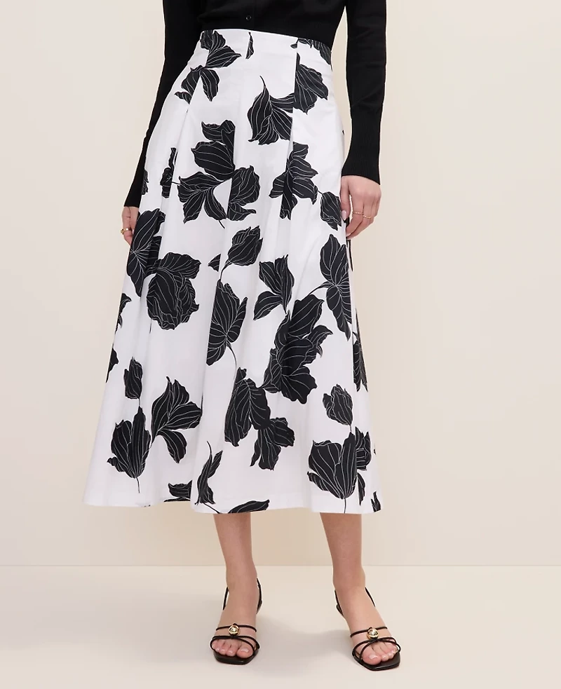 Ann Taylor Floral Pleated Midi Skirt White Women's