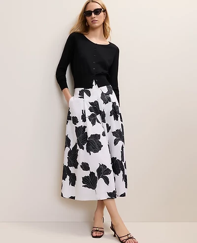 Ann Taylor Floral Pleated Midi Skirt White Women's