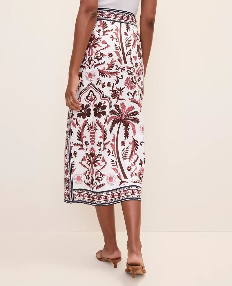 Ann Taylor Weekend Palm Tree Print Sarong Midi Skirt Linen Blend Rich Walnut Women's