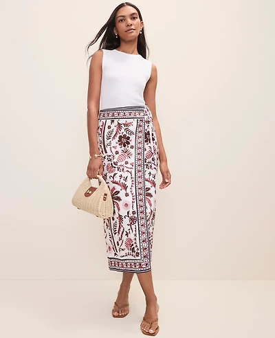 Ann Taylor Weekend Palm Tree Print Sarong Midi Skirt Linen Blend Rich Walnut Women's