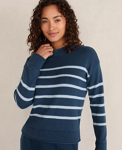 Ann Taylor Haven Well Within Organic Cotton Stripe Roll Neck Sweater Steel Blue Women's