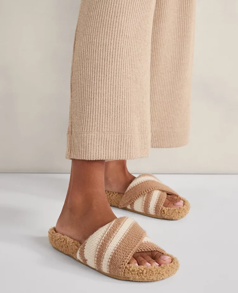 Ann Taylor Haven Well Within Faux Sherpa Sweater Stripe Slide Size 5 Ivory Women's