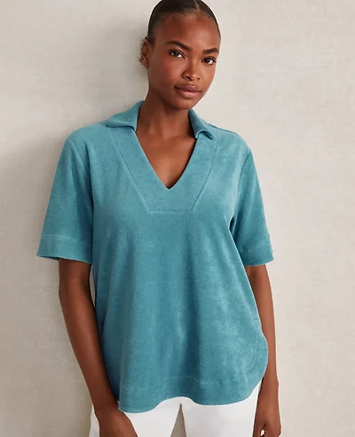 Ann Taylor Haven Well Within Terrycloth V-Neck Top Size XS Blue Ocean Women's
