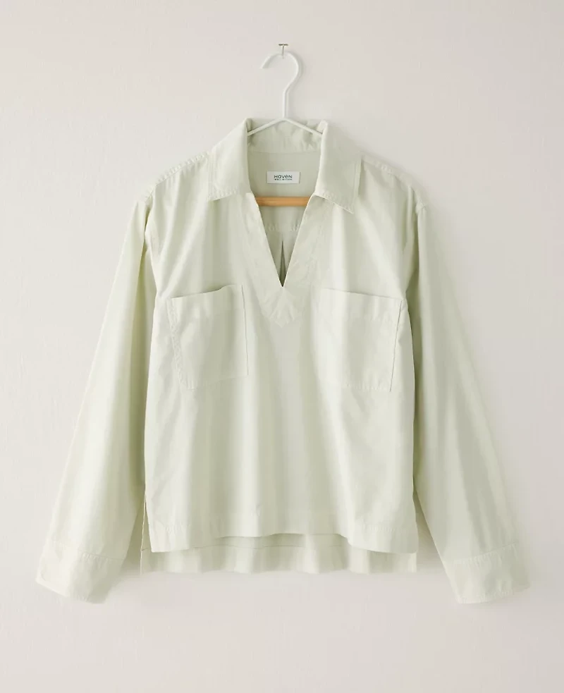 Ann Taylor Haven Well Within Lightweight Twill Collared Popover Top Size Small Mineral Grey Women's