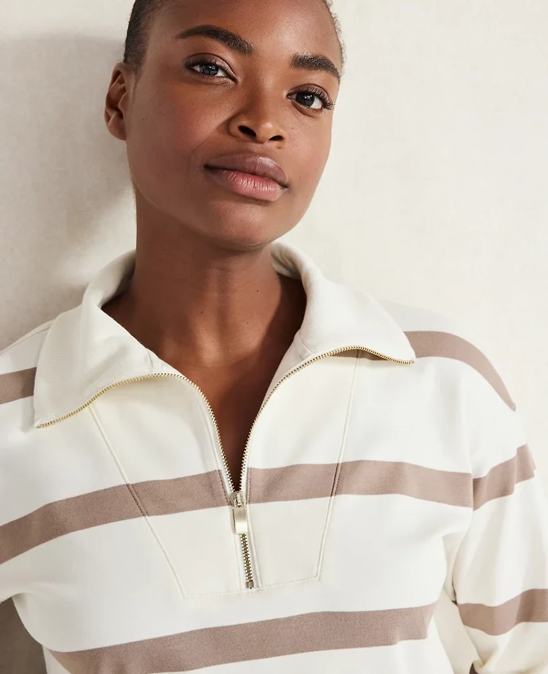 Ann Taylor Haven Well Within Organic Cotton Interlock Striped Quarter Zip Ivory Women's