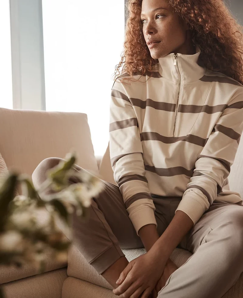 Ann Taylor Haven Well Within Organic Cotton Interlock Striped Quarter Zip Ivory Women's