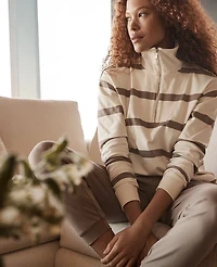 Ann Taylor Haven Well Within Organic Cotton Interlock Striped Quarter Zip Ivory Women's