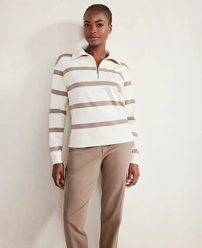 Ann Taylor Haven Well Within Organic Cotton Interlock Striped Quarter Zip Ivory Women's