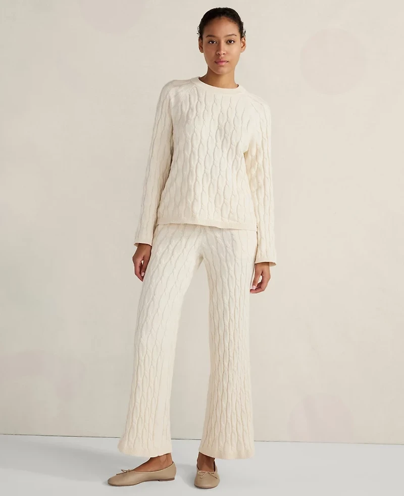 Ann Taylor Haven Well Within Cotton Cashmere Cable Knit Wide Leg Pants Size Small Birch Women's