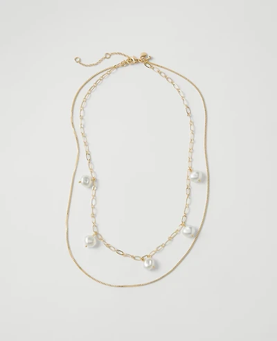 Ann Taylor Mini Pearl and Chain Layered Necklace Goldtone Women's