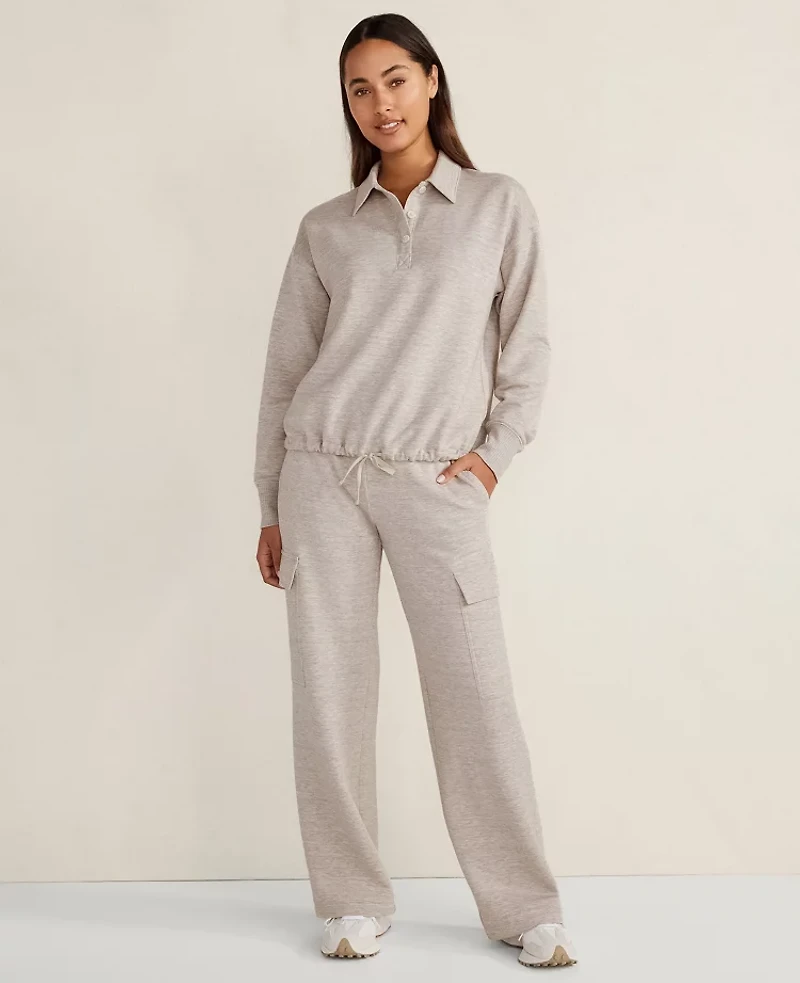 Ann Taylor Haven Well Within Fleece Polo Collar Pullover Stone Taupe Women's