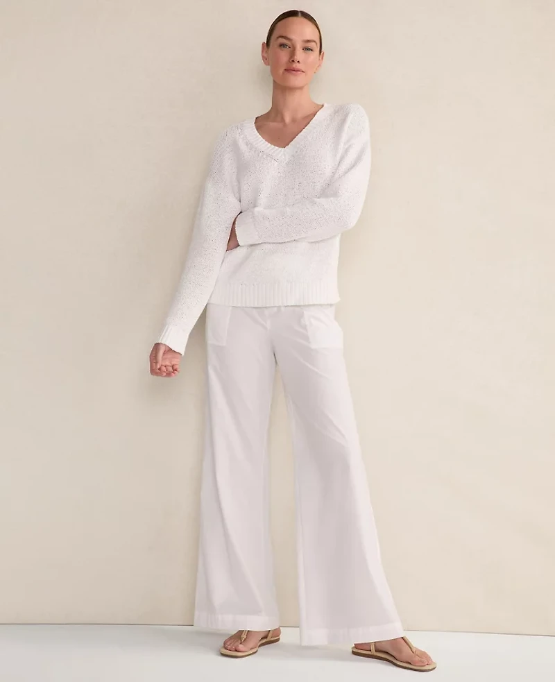Ann Taylor Haven Well Within Organic Cotton Flat Tape V-Neck Sweater White Women's