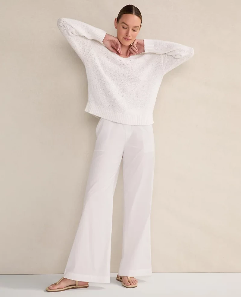 Ann Taylor Haven Well Within Organic Cotton Flat Tape V-Neck Sweater White Women's
