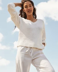 Ann Taylor Haven Well Within Organic Cotton Flat Tape V-Neck Sweater White Women's
