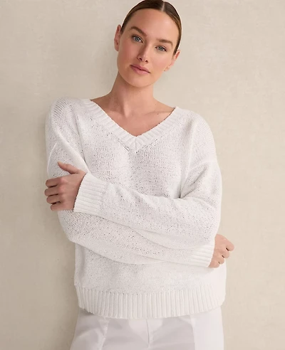 Ann Taylor Haven Well Within Organic Cotton Flat Tape V-Neck Sweater White Women's