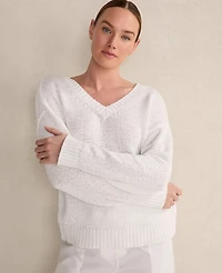 Ann Taylor Haven Well Within Organic Cotton Flat Tape V-Neck Sweater White Women's
