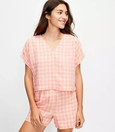 Petite Lou & Grey Gingham Linen V-Neck Top